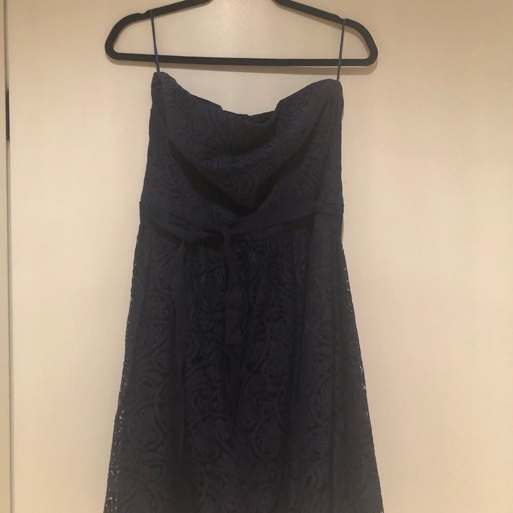 Navy Trina Turk strapless lace dress with ribbon